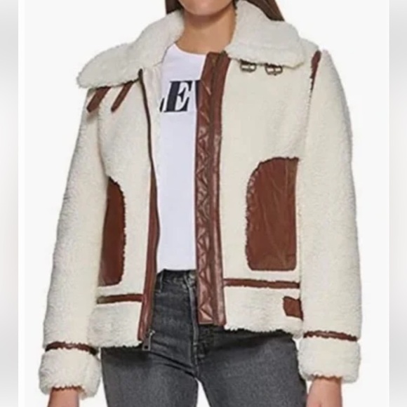 LEVI’S FAUX SHERPA & LEATHER DETAIL MOTO COAT TEDDY BEAR JACKET WHITE BROWN SZ L - Picture 1 of 12